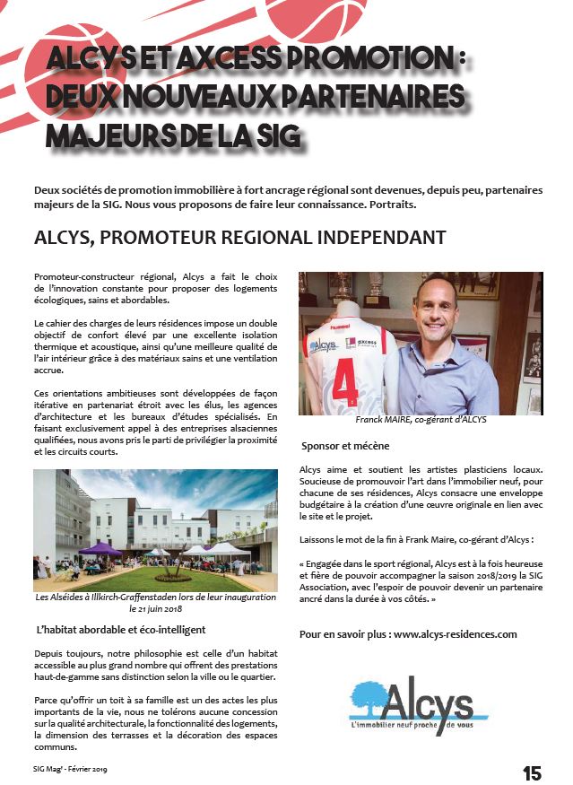 Article Alcys partenaire de la Sig | Sig Mag Février 2019 - Alcys Réalisations